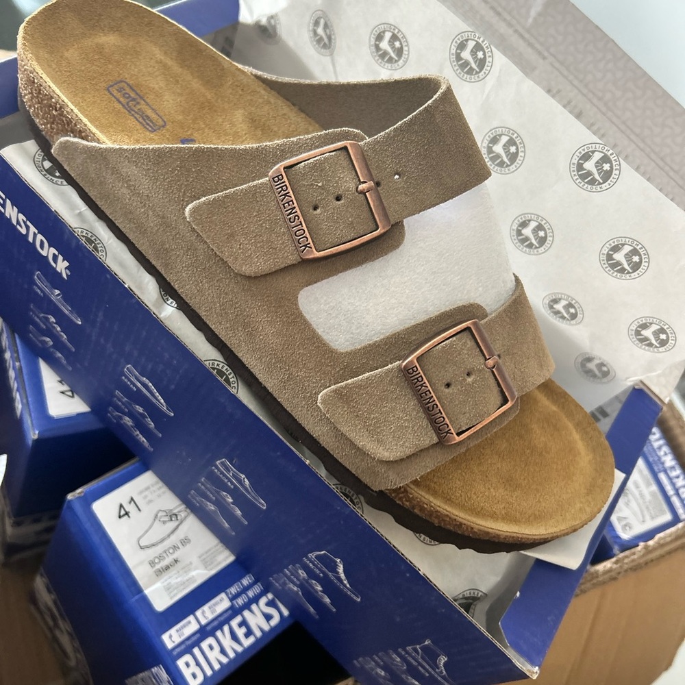 Birkenstock Arizona Suede Two-Strap Sandal in Taupe Brown